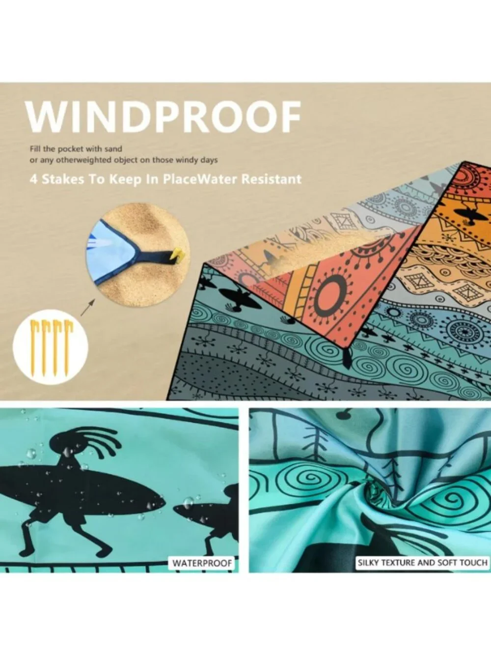 Beach Mat Waterproof Sandproof Large Beach Blanket with 4 Stakes